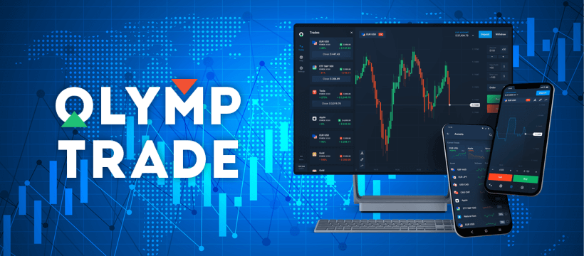 OLYMP TRADE امامها شاشة حاسوب و هاتفين عليهم واجهة منصة olymp trade و خلفية زرقاء فيها مخططات بيانية للتداول