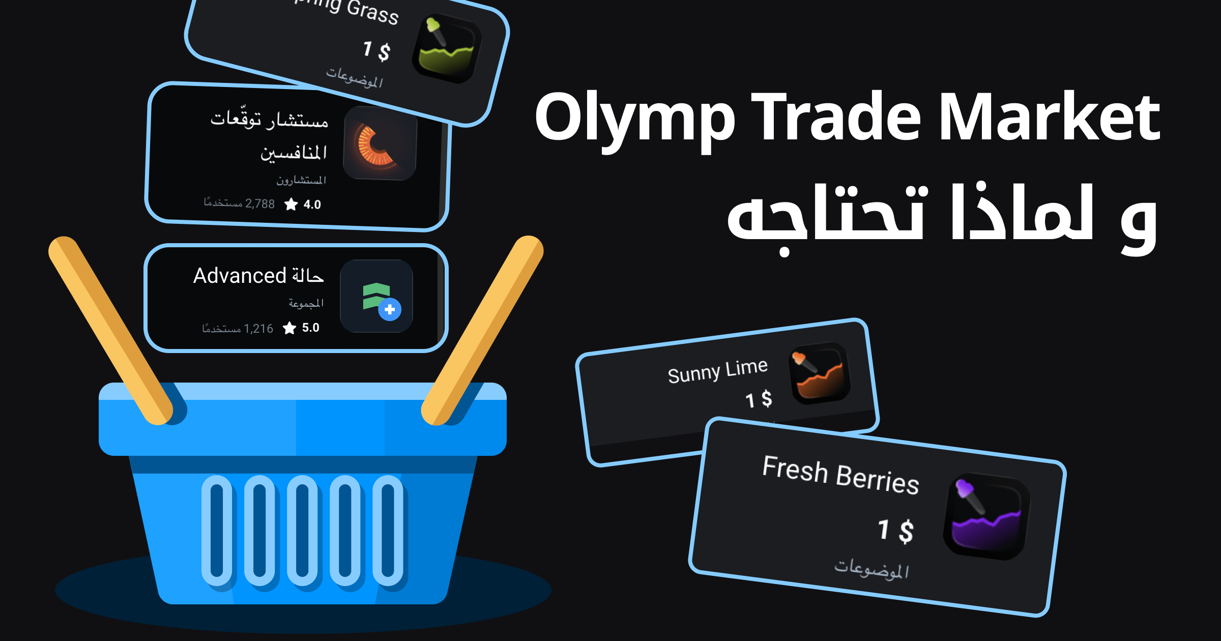 Olymp Trade Market و لماذا تحتاجه عربة تسوق زرقاء بها مستشار توقعات المنافسين حالة Advanced امامها Sunny Lime